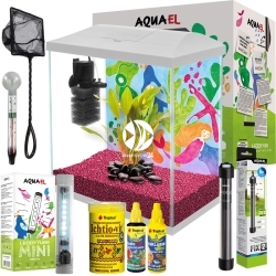 Leddy Mini Creative Set 30 White + Wyposażenie - FULL SET 10 - Zestaw: akwarium filtr pokrywa oświetlenie grzałka termometr siatka preparaty pokarm