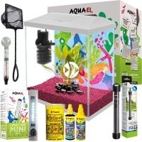 Leddy Mini Creative Set 35 White + Wyposażenie - FULL SET 12 - Zestaw: akwarium filtr pokrywa oświetlenie grzałka termometr siatka preparaty pokarm