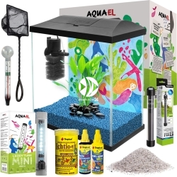 Leddy Mini Creative Set 30 Black + Wyposażenie - FULL SET 13 - Zestaw: akwarium filtr pokrywa oświetlenie grzałka podłoże termometr siatka preparaty pokarm