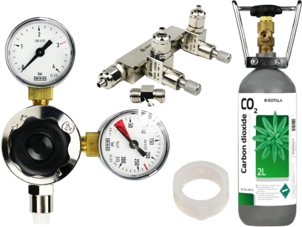ROTALA Zestaw CO2 do akwarium nr. 28 - Zawiera: Butla 2L, reduktor z dwoma manometrami, zaworek precyzyjny dwu-wyjściowy, 2x uszczelka