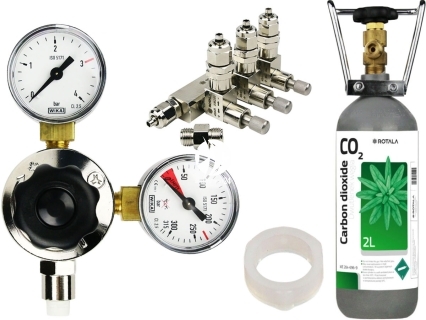 ROTALA Zestaw CO2 do akwarium nr. 34 - Zawiera: Butla 2L, reduktor z dwoma manometrami, zaworek precyzyjny trzy-wyjściowy z zaworem zwrotnym, 2x uszczelka