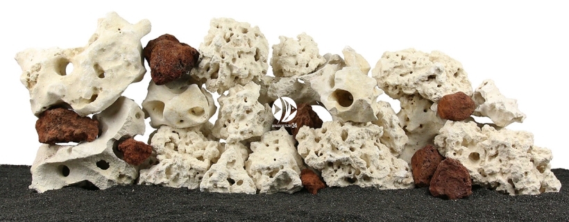 Zestaw Skał do Akwarium Malawi/Morskie 120cm (nr. 43) - Zawiera skałę koralową o wymiarach: 5 - 15cm (3kg), 15 - 25cm (7kg), powyżej 25cm (4kg) oraz wapień filipiński: 5 - 15cm (5kg), 15 - 25cm (13kg), powyżej 25cm (10kg) oraz lawę czerwoną 5 - 15cm (2kg)