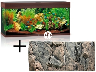 Rio 180 HeliaLux Spectrum Ciemne drewno + Tło Rocky Juwel - Zawiera: akwarium z pełnym wyposażeniem, tło strukturalne