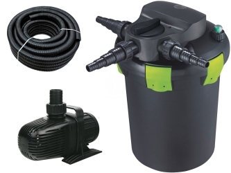 Zestaw do filtracji oczka z wodospadem 3000-9000l ECO - Zawiera: filtr ciśnieniowy, pompa, wąż spiralny